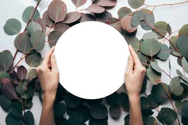 Vue partielle de la femme tenant le cadre rond vide sur blanc avec des feuilles d'eucalyptus — Photo de stock