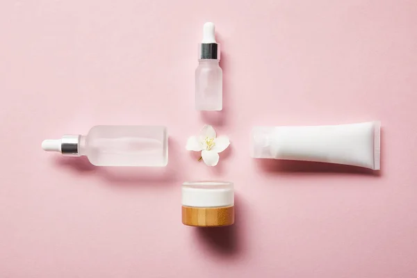 Flat lay of cosmetic glass bottles, jar, cream tube with cream and jasmine flower in middle on pink — Stock Photo