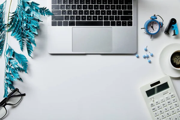 Top view of laptop, coffee, stationery, alarm clock, calculator and glasses near blue branch on white surface — Stock Photo