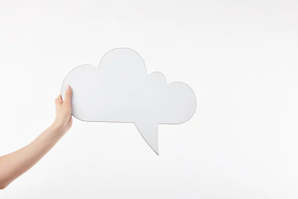 Cropped view of woman with thought bubble in hand isolated on white — Stock Photo