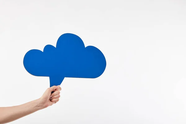 Cropped view of woman with blue thought bubble in hand isolated on white — Stock Photo