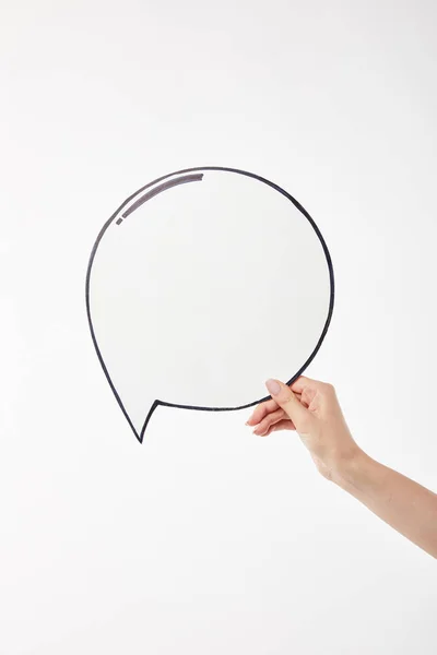 Vue recadrée de la femme avec bulle de pensée à la main isolé sur blanc — Photo de stock