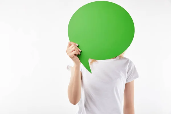 Cropped view of woman with green thought bubble in hands isolated on white — Stock Photo
