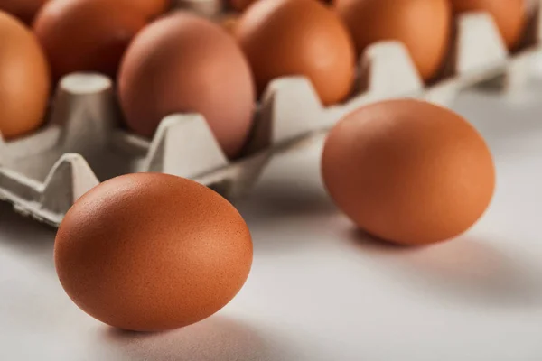 Selektiver Fokus von Hühnereiern im Karton — Stockfoto