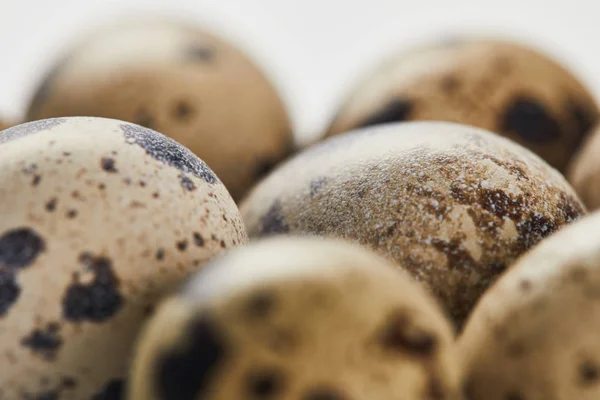 Foco seletivo de ovos de codorna na superfície branca — Fotografia de Stock