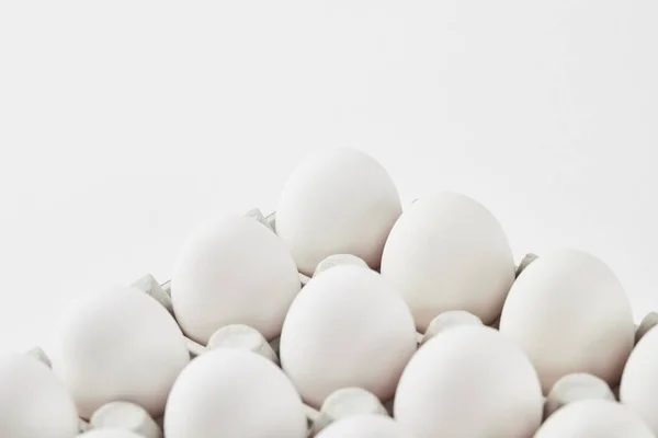 Juego de huevos de gallina blanca en caja de cartón - foto de stock