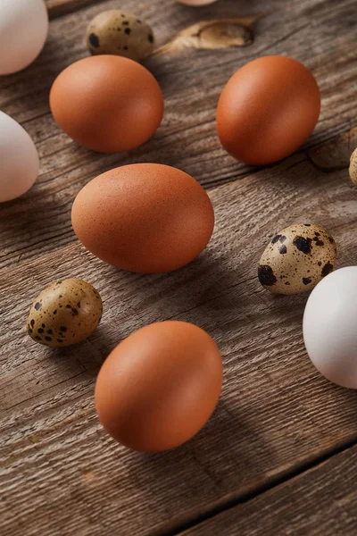 Wachtel- und Hühnereier auf Holztisch — Stockfoto