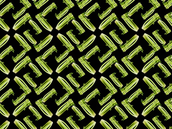 Fresh green leek isolated on black, seamless geometric background pattern — Stock Photo