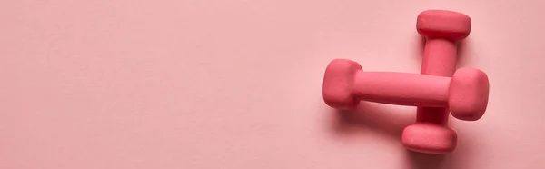 Top view of pink dumbbells on pink background with copy space, panoramic shot — Stock Photo