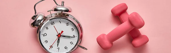 Top view of silver alarm clock and pink dumbbells on pink background, panoramic shot — Stock Photo