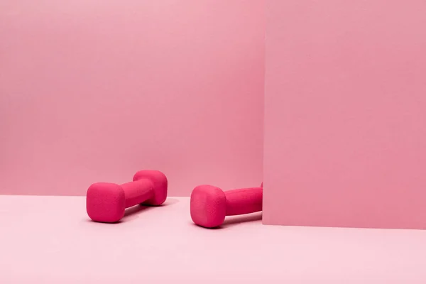 Pink bright dumbbells levitating in air on pink background — Stock Photo