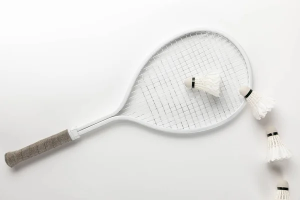 Posa piatta con racchetta da badminton bianca e navette su sfondo bianco — Foto stock