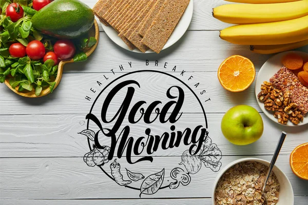 Top view of fresh fruits, vegetables and cereal on wooden white background with healthy breakfast, good morning illustration — Stock Photo