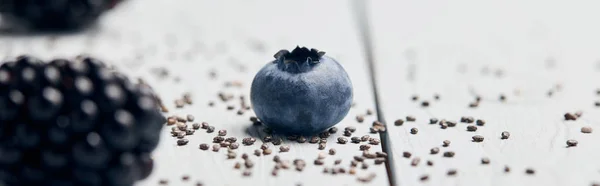 Panoramic shot of blueberry, blackberries and scattered chia seeds on white wooden table — Stock Photo