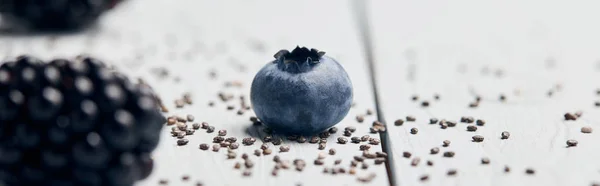 Plan panoramique de bleuets, mûres et graines de chia éparpillées sur table en bois blanc — Photo de stock