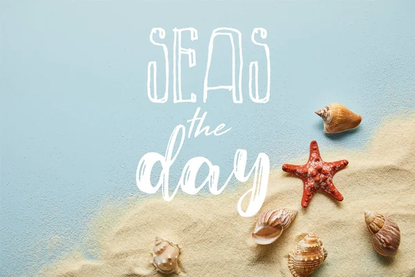 Vista superior de la arena con conchas marinas y estrellas de mar sobre fondo azul con los mares las letras del día - foto de stock