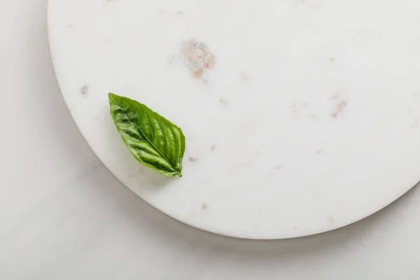 Top view of round marble surface with green basil leaf on white background — Stock Photo