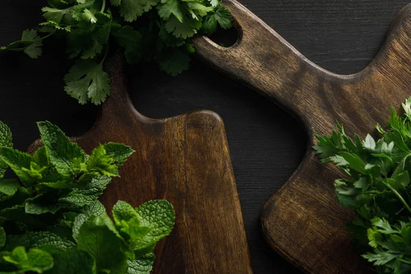 Vue de dessus des planches à découper en bois marron avec persil, coriandre et faisceaux de menthe poivrée sur une surface sombre — Photo de stock