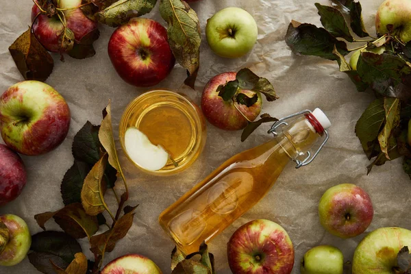 Draufsicht auf Flasche und Glas mit Apfelwein in der Nähe von Äpfeln und Zweigen mit Blättern — Stockfoto