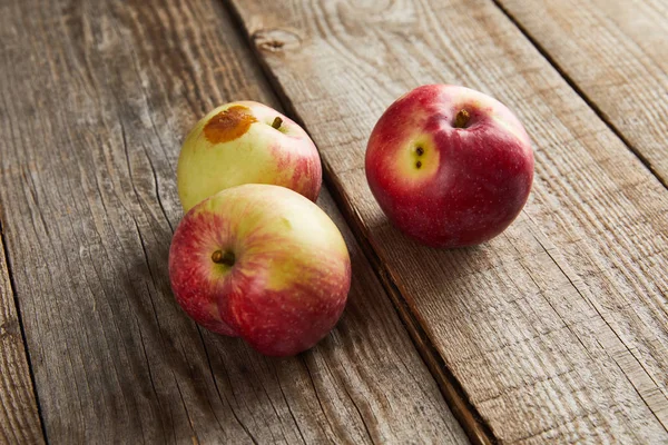 Farmers apples with rotten spot on brown wooden surface — Stock Photo