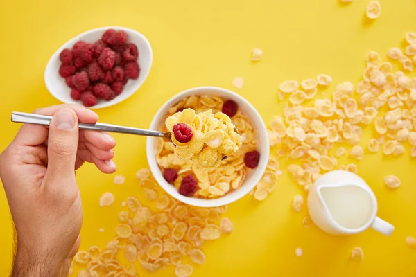 Cropped view of man holding spoon above  bowl with cornflakes, fresh raspberry and jug of milk isolated on yellow — Stock Photo