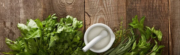 Panoramic shot of white mortar with pestle on wooden surface with fresh greenery — Stock Photo