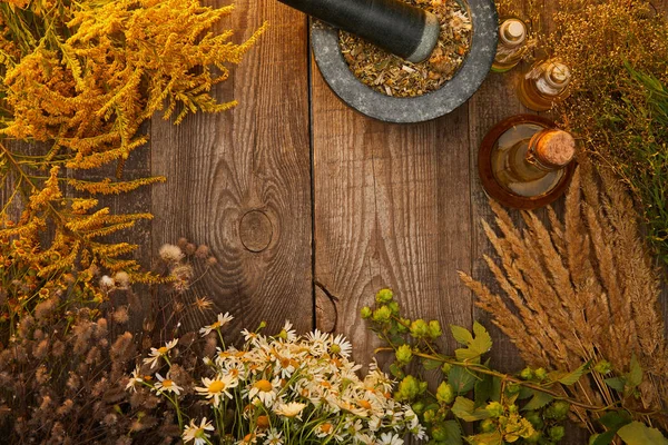 Top view of mortar with pestle and bottles near wildflowers and herbs on wooden surface with copy space — Stock Photo