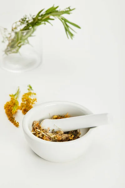 Mortar and pestle with herbal mix near goldenrod twig and glass on white background — Stock Photo