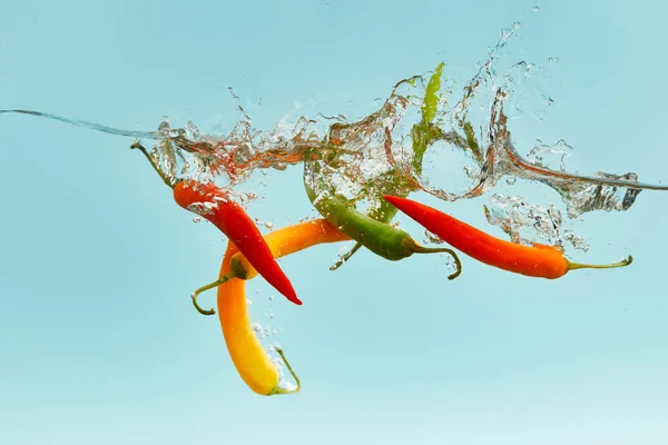 Bunte Chilischoten fallen tief ins Wasser mit Spritzer auf blauem Hintergrund — Stockfoto