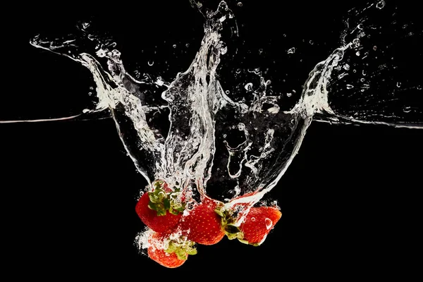 Fraises mûres sucrées tombant dans l'eau avec éclaboussures isolées sur noir — Photo de stock