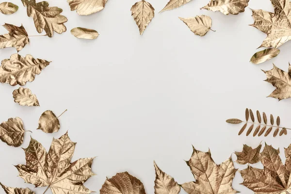 Рамка из золотой листвы на белом фоне с копировальным пространством — стоковое фото