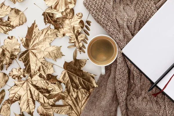 Vista superior del suéter marrón de punto, café, cuaderno en blanco y follaje dorado sobre fondo blanco - foto de stock