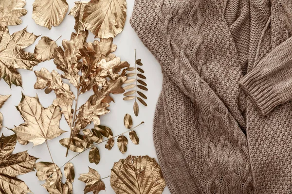 Top view of knitted brown cozy sweater and golden foliage on white background — Stock Photo