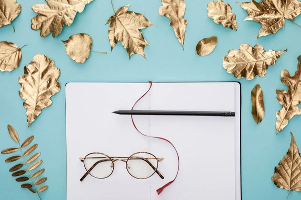 Flache Lage mit herbstlich goldenem Laub in der Nähe leeres Notizbuch mit Brille auf blauem Hintergrund — Stockfoto