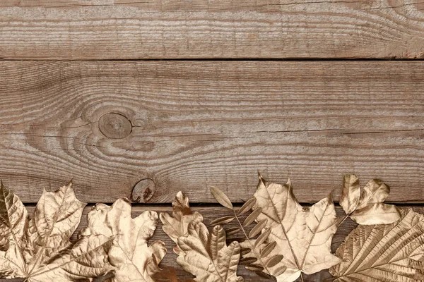 Vue de dessus des feuilles dorées sur fond texturé en bois — Photo de stock