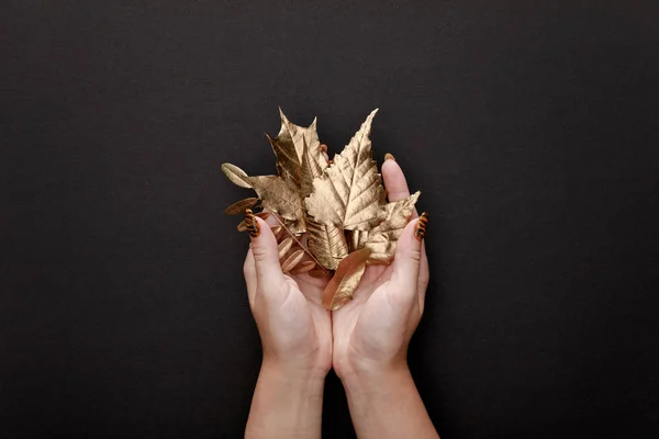 Partial view of woman holding golden foliage in hands on black background — Stock Photo