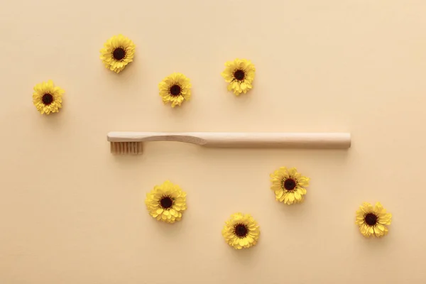 Vue de dessus de la brosse à dents sur fond beige avec des fleurs — Photo de stock