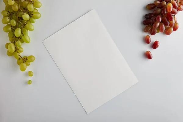 Верхний вид чистой бумаги рядом с виноградом на белом фоне — стоковое фото