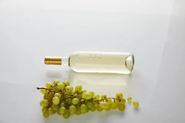 Vista superior da garrafa com vinho branco perto de uva no fundo branco — Fotografia de Stock