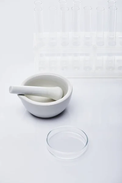 Empty glass test tubes and mortar with pestle on white background background — Stock Photo