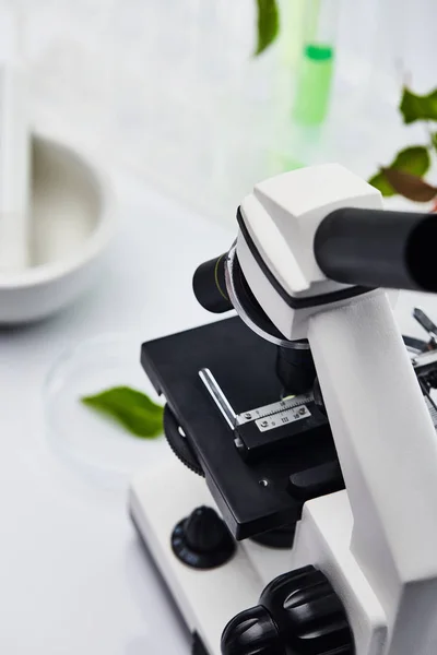 Foyer sélectif du microscope sur la table blanche en laboratoire — Photo de stock