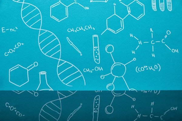 Fondo azul con signos de estructura molecular - foto de stock