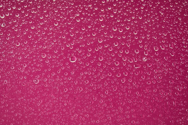 Clear transparent water drops on crimson background — Stock Photo