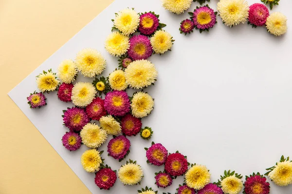 Vue de dessus des asters jaunes et violets sur papier blanc sur fond jaune — Photo de stock