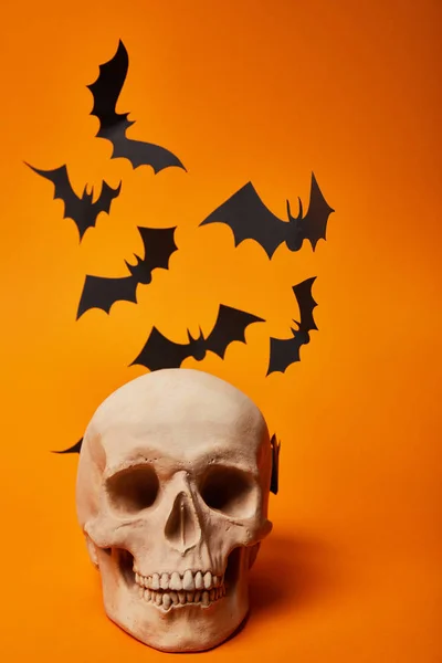 Murciélagos de papel con cráneo sobre fondo naranja, decoración de Halloween - foto de stock