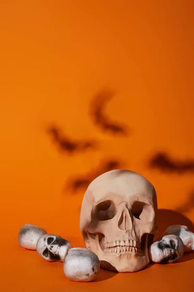 Totenköpfe mit Fledermausschatten auf orangefarbenem Hintergrund, Halloween-Dekoration — Stockfoto