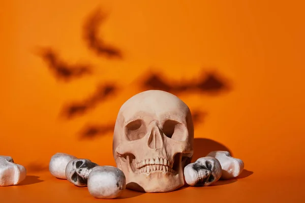 Calaveras con sombra de murciélagos sobre fondo naranja, decoración de Halloween - foto de stock
