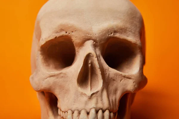 Menschlicher Schädel auf orangefarbenem Hintergrund, Halloween-Dekoration — Stockfoto