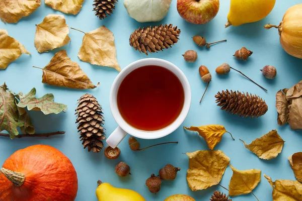 Top view of mug with tea near autumnal decoration on blue background — Stock Photo