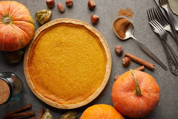 Blick von oben auf köstlichen Kürbiskuchen in der Nähe ganzer Kürbisse, Besteck und Haselnüsse auf grauer Steinoberfläche — Stockfoto